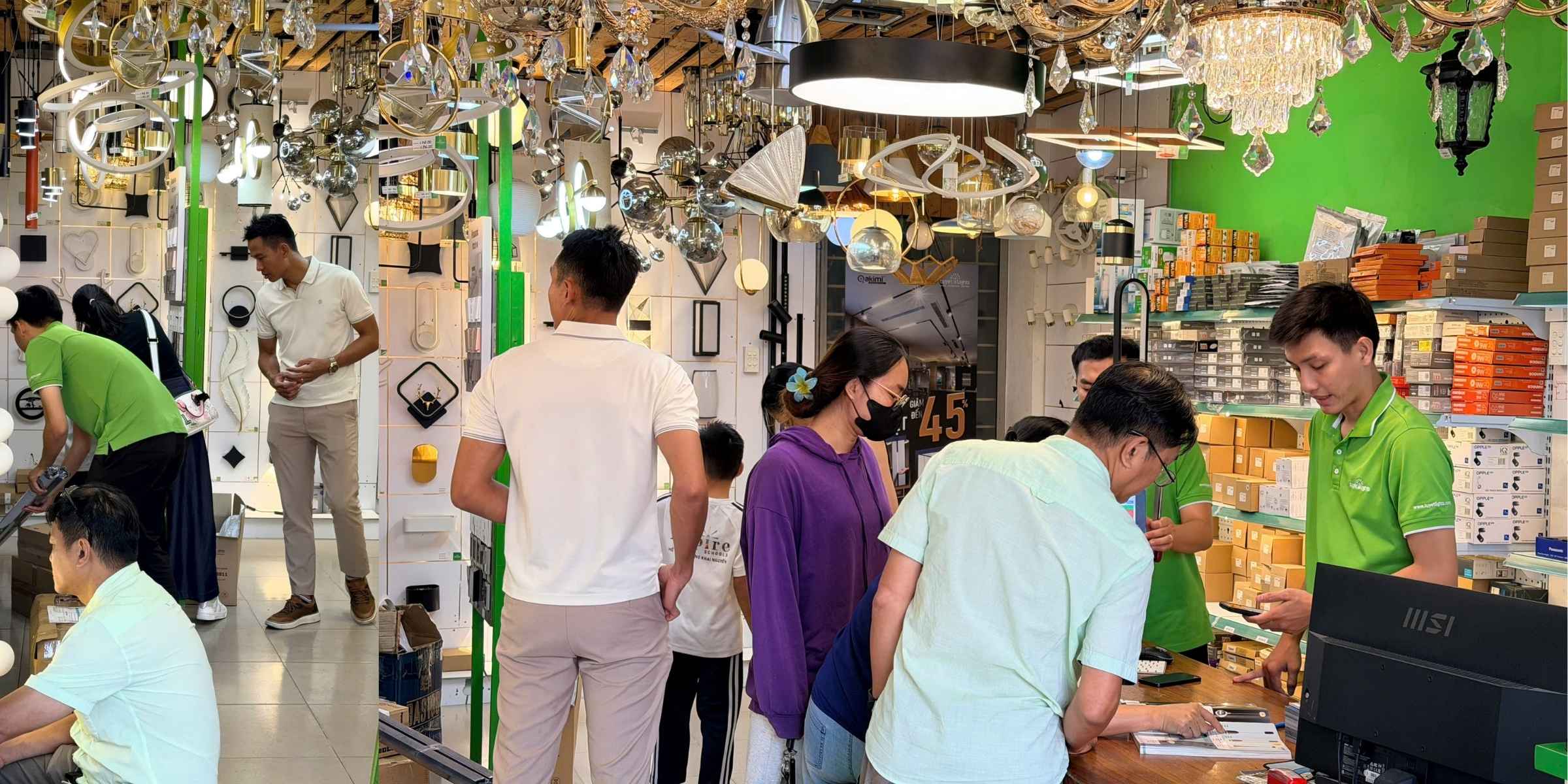 Cửa hàng đèn trang trí nội thất đông khách với nhiều mẫu đèn trần, đèn tường hiện đại trưng bày